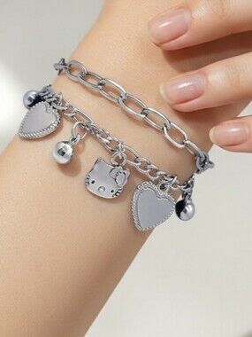 Hello Kitty Layered Charm Bracelet Sanrio Paperclip Figaro Chain Y2K Nostalgia